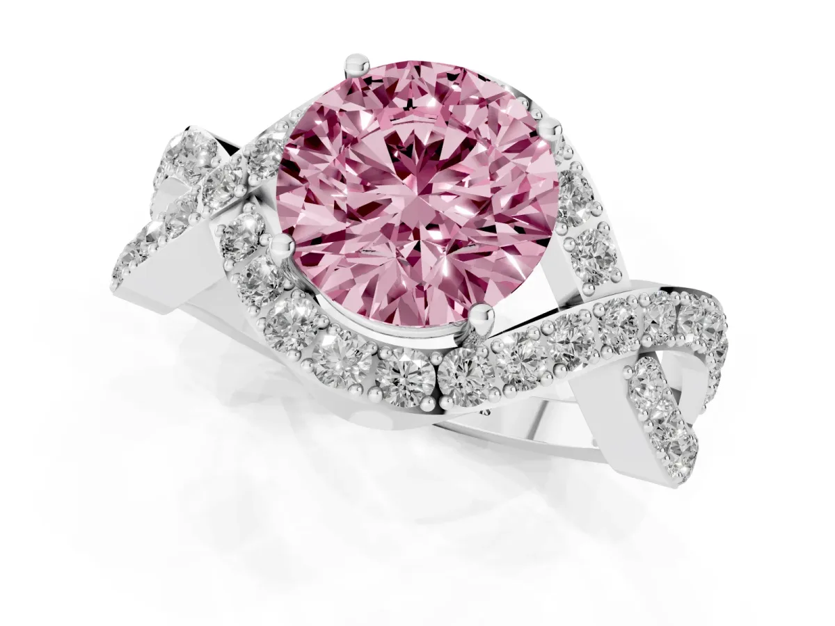 Fancy Pink Round Cut Solitaire Twist Band Pavé Diamond Engagement Ring Silver