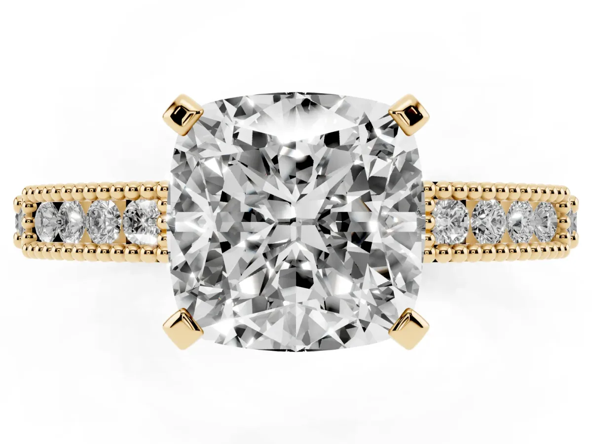 Cushion Cut Solitaire with Pavé Band and Four-Prong Setting Yellow gold