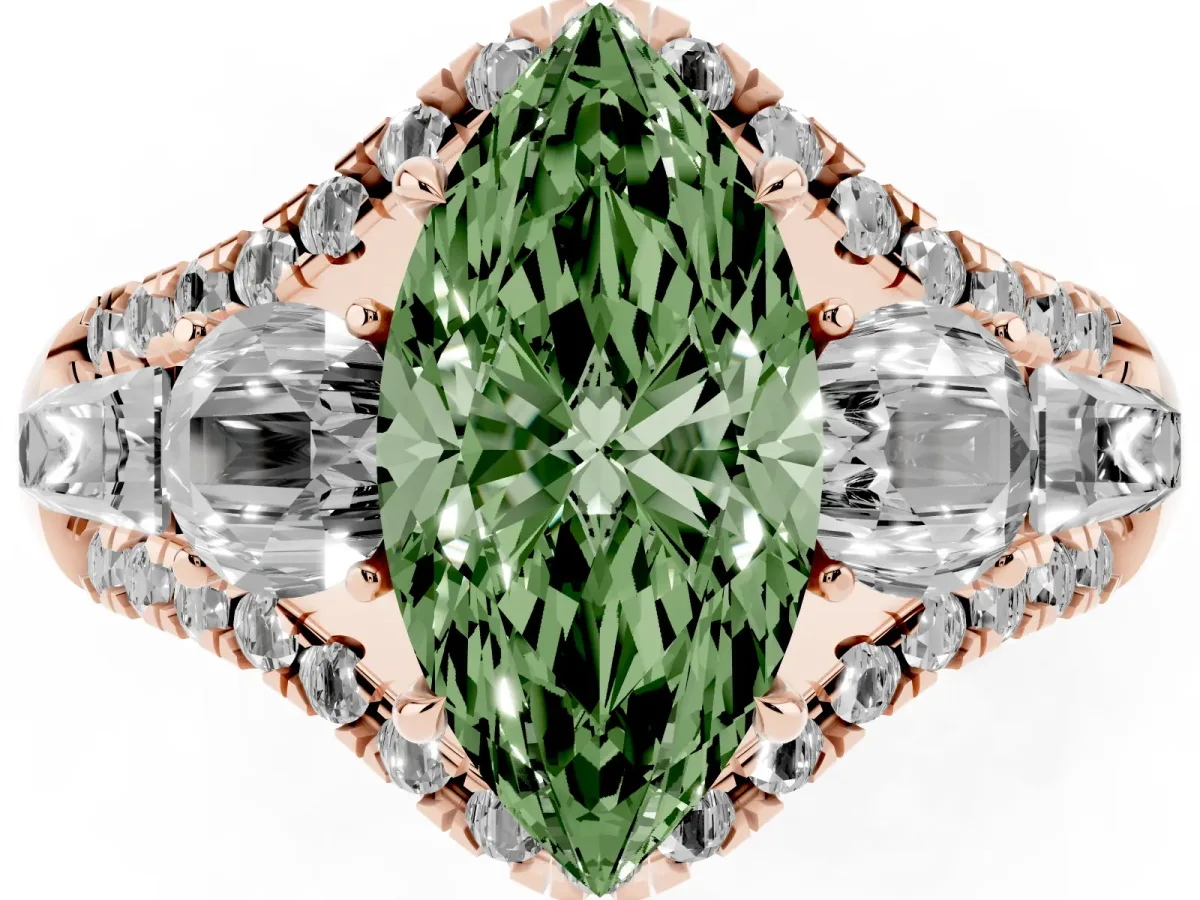 Fancy Green Three-Stone Marquise Cut Diamond Engagement Ring with Pave Band and Prong Setting Rose gold