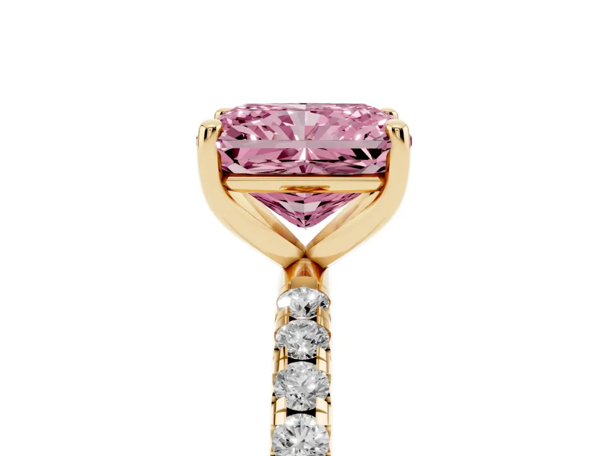 Fancy Pink Radiant Cut Cut Diamond Solitaire Ring with Micro Pave Band and Four Prong Setting Yellow gold