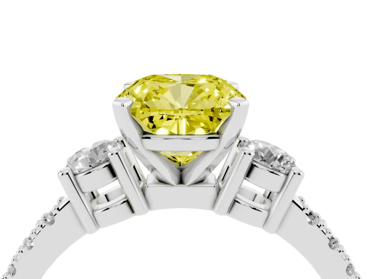 Fancy Yellow Cushion Cut Three-Stone Diamond Pavé Band with Prong Setting Platinum