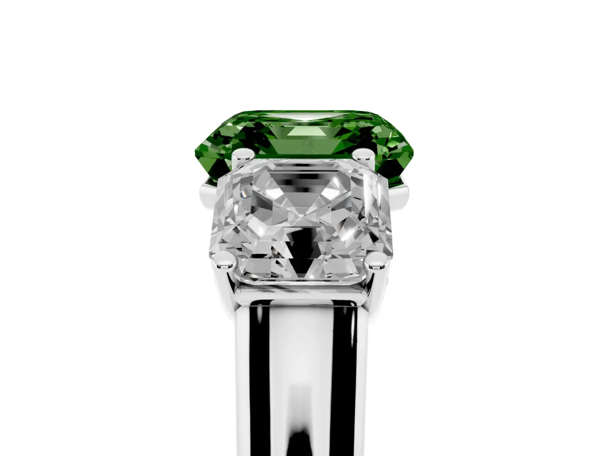 Fancy Green Asscher Cut Three-Stone Diamond Ring with Prong Setting on a Classic Band Platinum