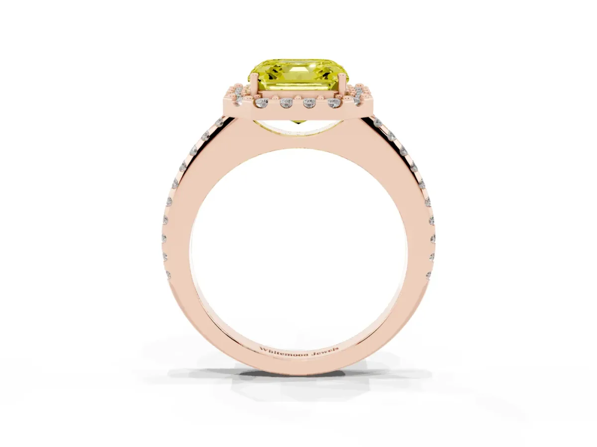 Fancy Yellow Asscher Cut Diamond Pavé Halo Ring with Four-Prong Setting Rose gold