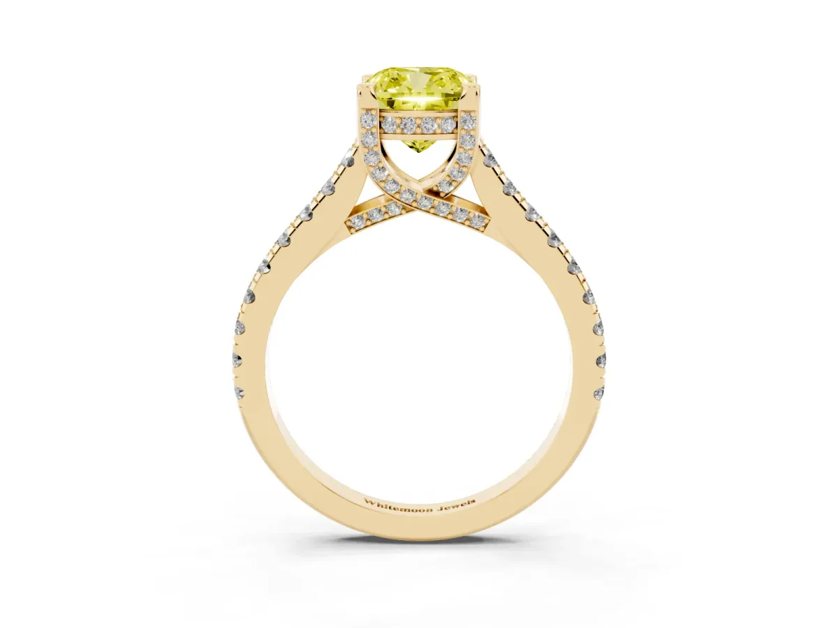 Fancy Yellow Cushion Cut Brilliant Diamond Solitaire with Pavé Band and Four-Prong Setting Yellow gold
