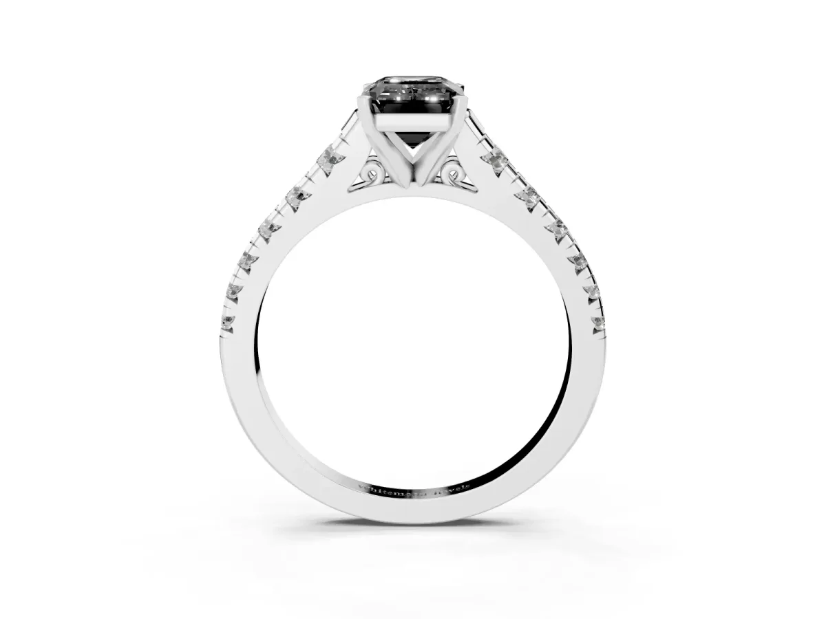 Fancy Black Emerald Cut Diamond Cathedral Solitaire Ring with Round Pavé Band Silver