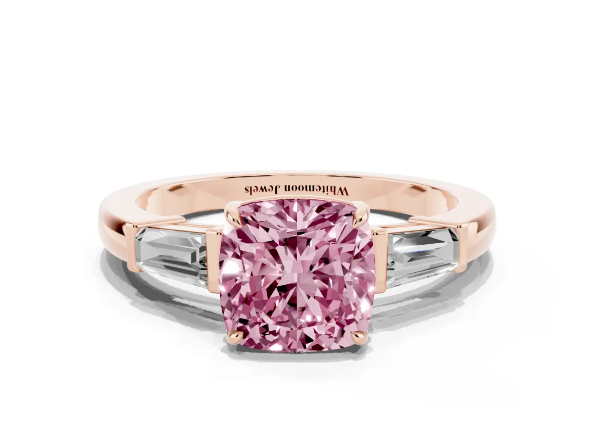 Fancy Pink Cushion Cut Diamond Three-Stone Ring with Tapered Baguette Side Stones and Prong Setting Rose gold
