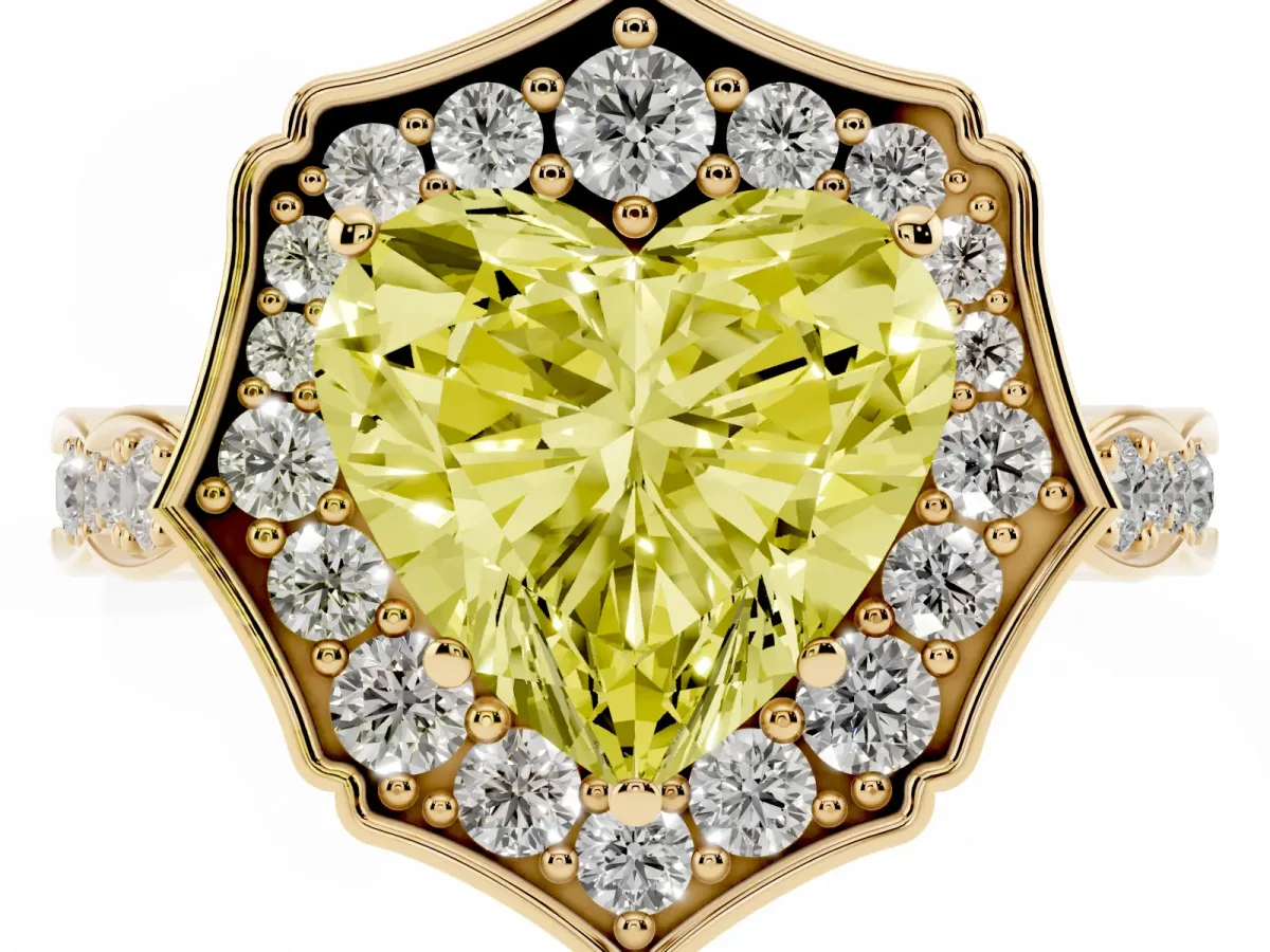 Fancy Yellow Heart Cut Halo Diamond Engagement Ring with Milgrain Band and Four-Prong Setting Yellow gold