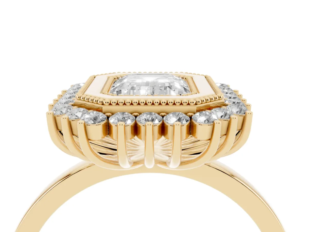 Emerald Cut Halo Diamond Ring with Milgrain Edge and Round Prong Setting Yellow gold