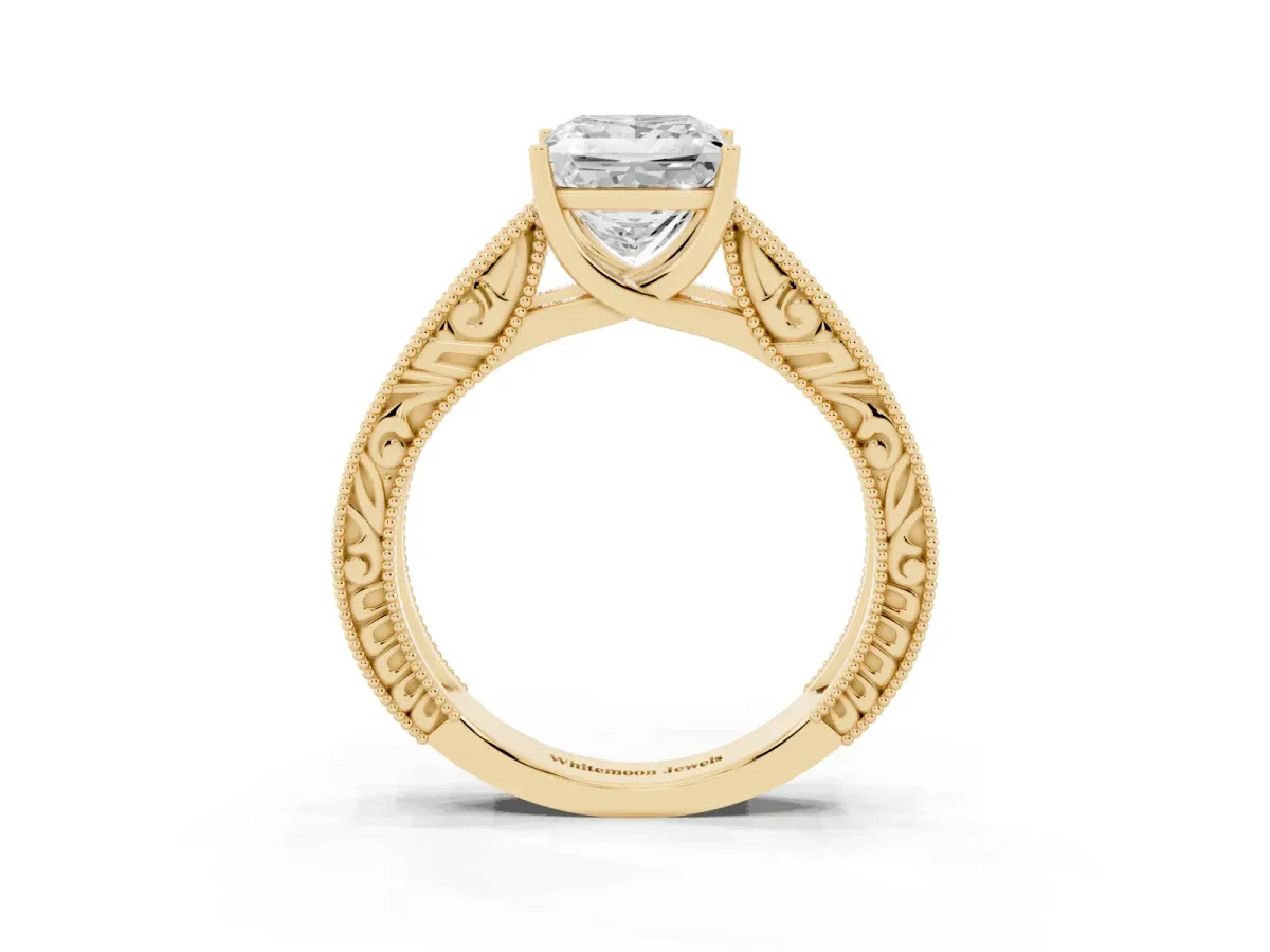 Princess Cut Diamond Solitaire Ring with Engraved Band and Four-Prong Setting Yellow gold
