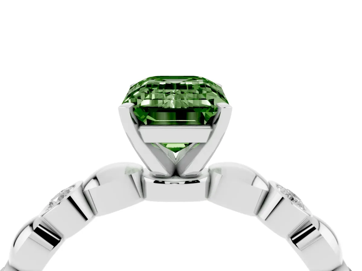 Fancy Green Emerald Cut Solitaire Bezel-Set Diamond Ring with Beaded Band and Four-Prong Setting Silver