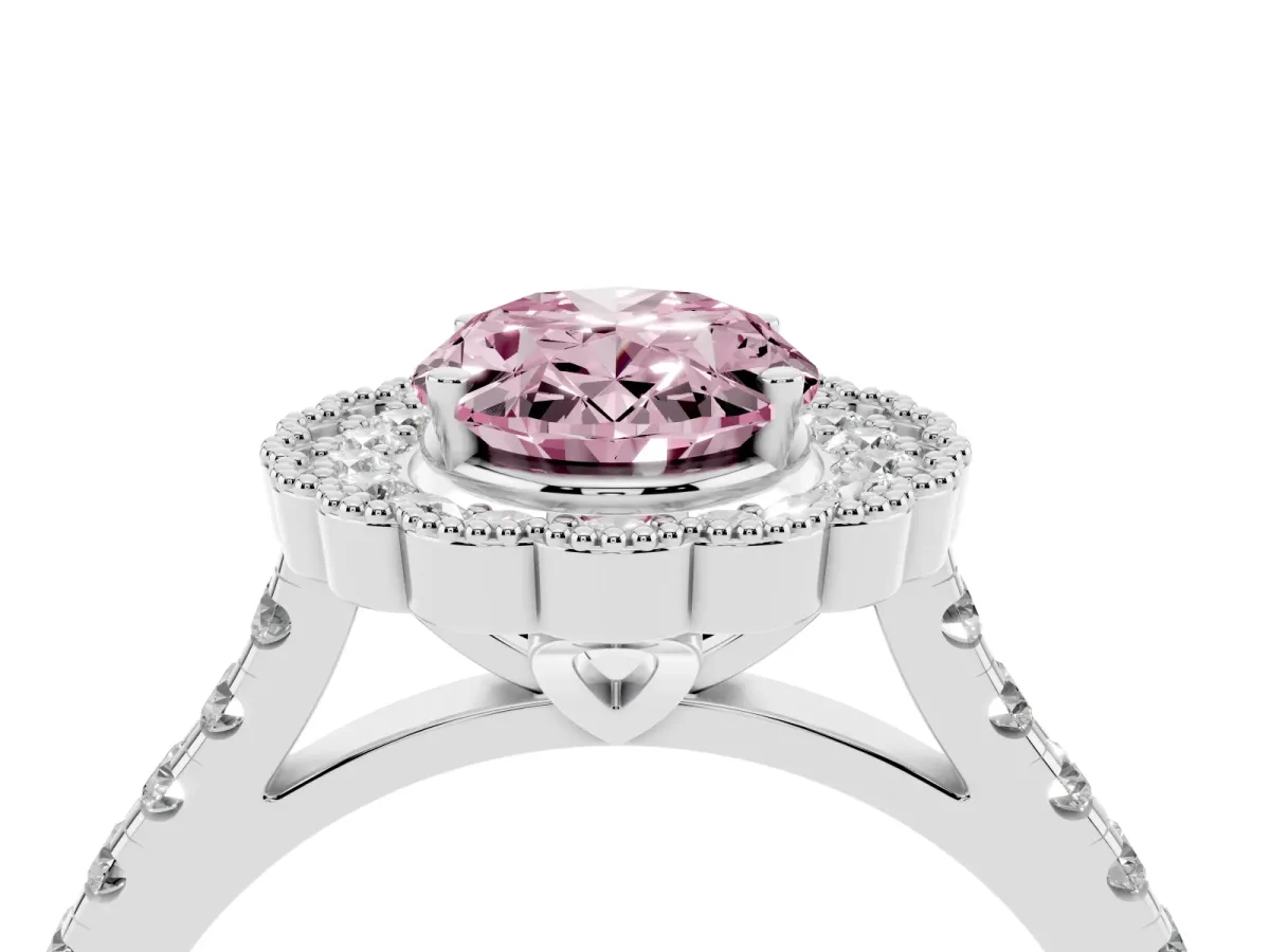 Fancy Pink Oval Cut Cut Diamond Milgrain Floral Halo Engagement Ring with Pavé Band Silver
