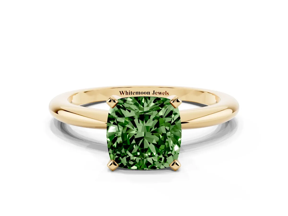 Fancy Green Cushion Cut Diamond Solitaire Ring with Prong Setting and Classic Band Yellow gold