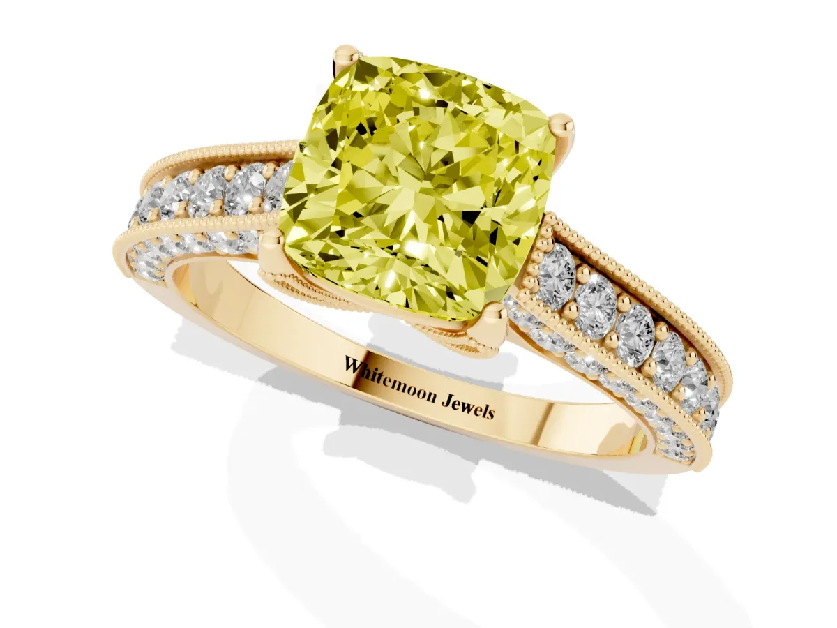 Fancy Yellow Cushion Cut Cut Diamond Solitaire Ring with Milgrain Pave Band and Four Prong Setting Yellow gold