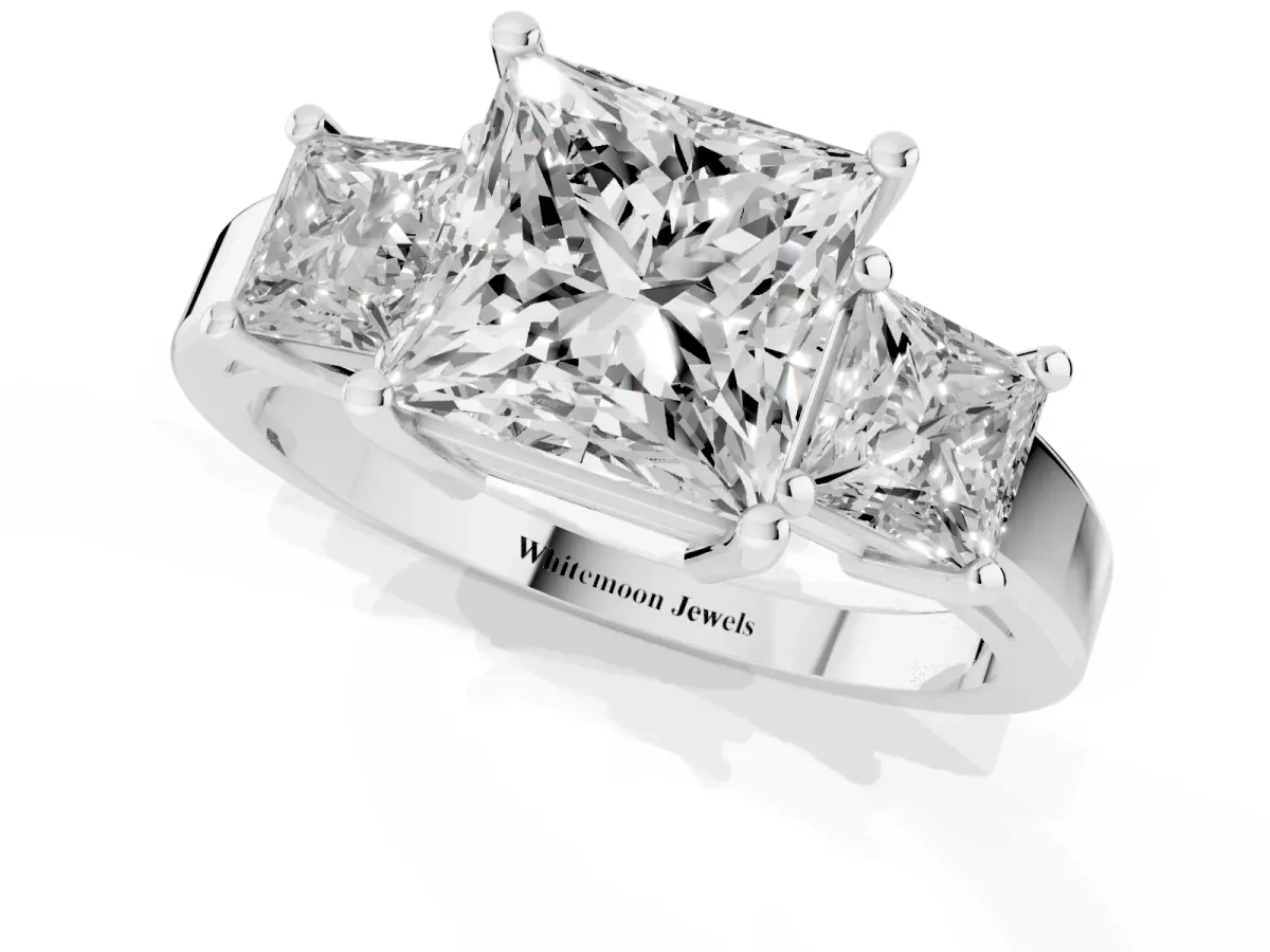 Three-Stone Princess Cut Cut Solitaire Ring with Prong Setting Silver
