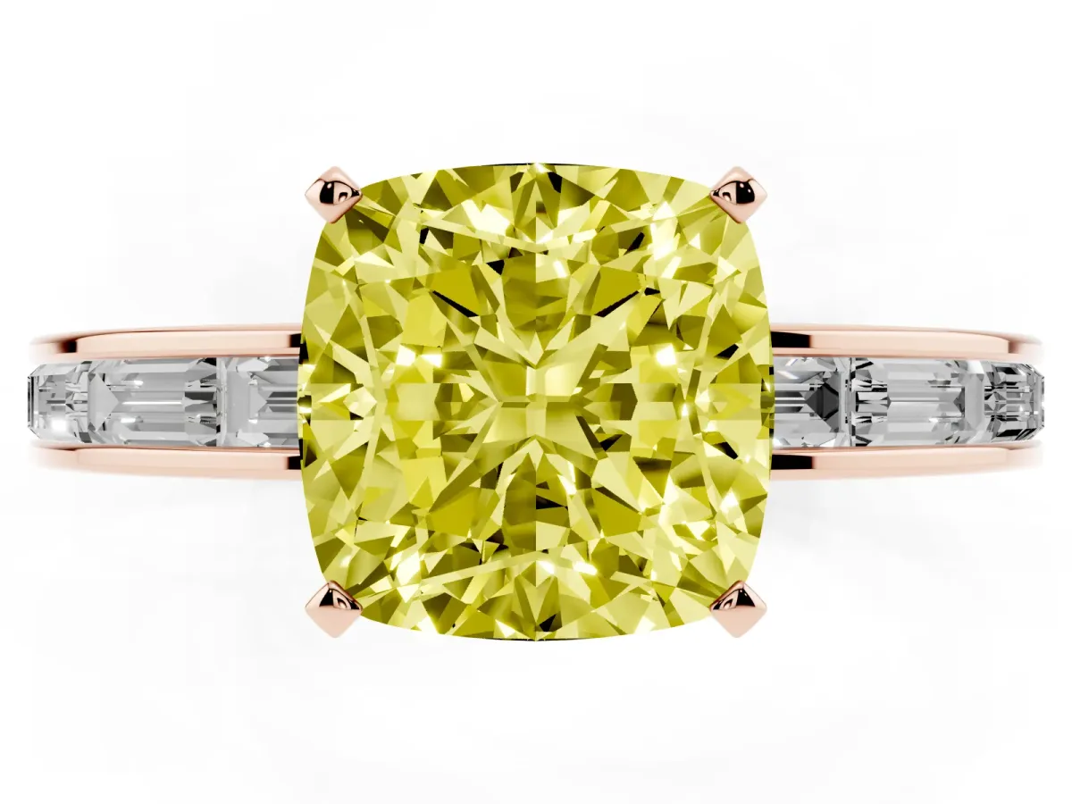 Fancy Yellow Cushion Cut Solitaire Diamond Ring with Channel-Set Baguette Band and Four-Prong Setting Rose gold