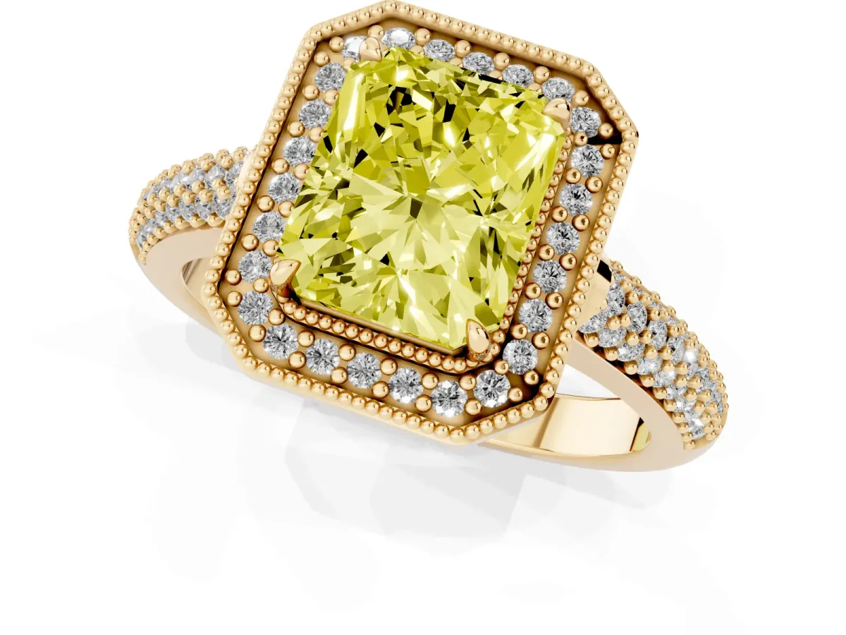 Fancy Yellow Radiant Cut Cut Halo Diamond Pave Band with Four-Prong Setting Yellow gold