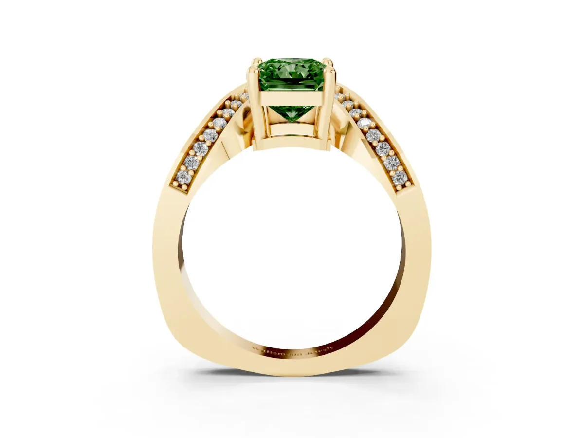 Fancy Green Radiant Cut Solitaire Diamond Engagement Ring with Pave Band and Four-Prong Setting Yellow gold
