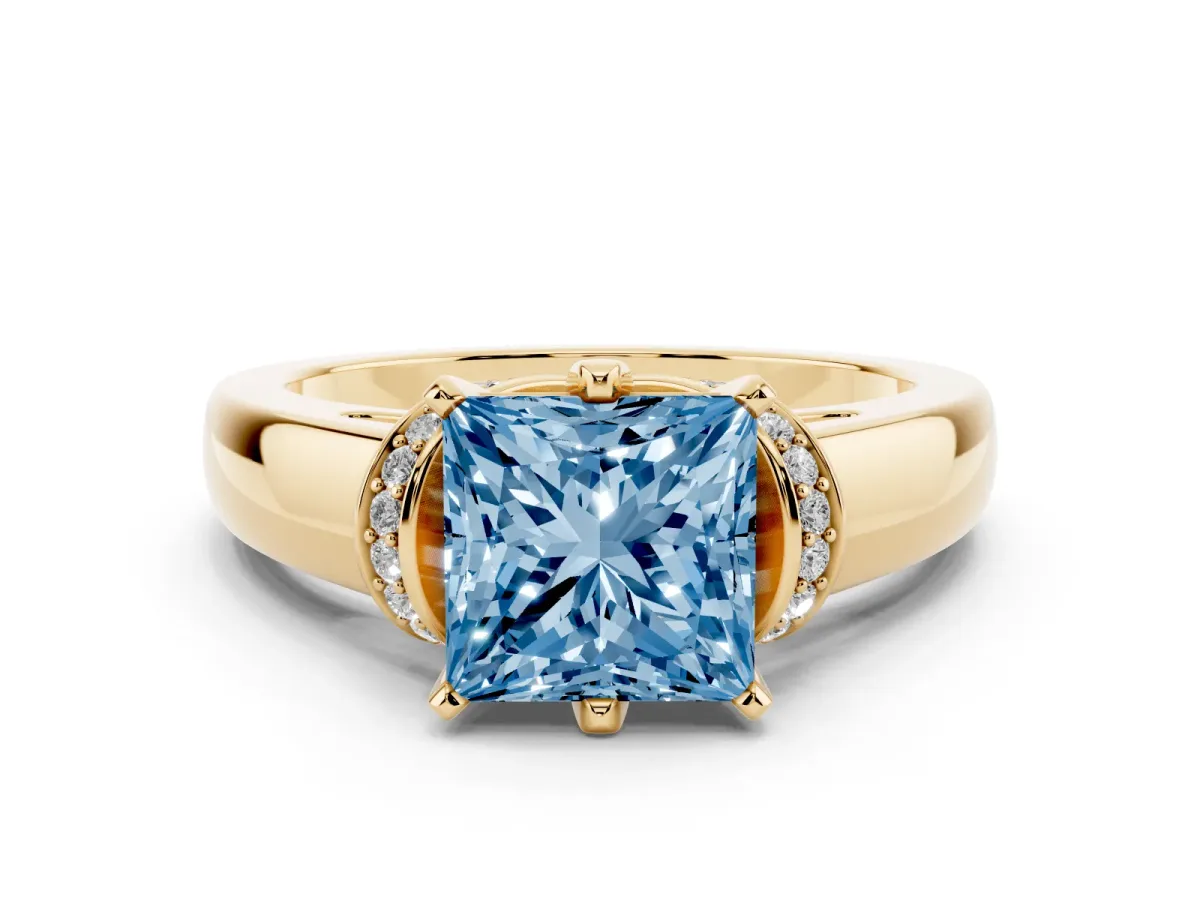 Fancy Blue Princess Cut Solitaire Diamond Ring with Pave Band and Six-Prong Setting Yellow gold