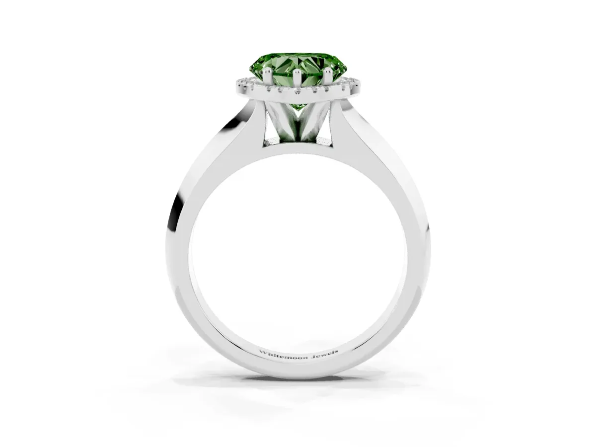 Fancy Green Heart Cut Halo Diamond Ring with Cathedral Band and Four-Prong Setting White gold