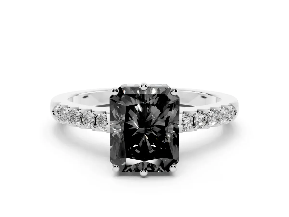 Fancy Black Radiant Cut Solitaire Diamond Engagement Ring with Pavé Band and Six-Prong Setting Silver
