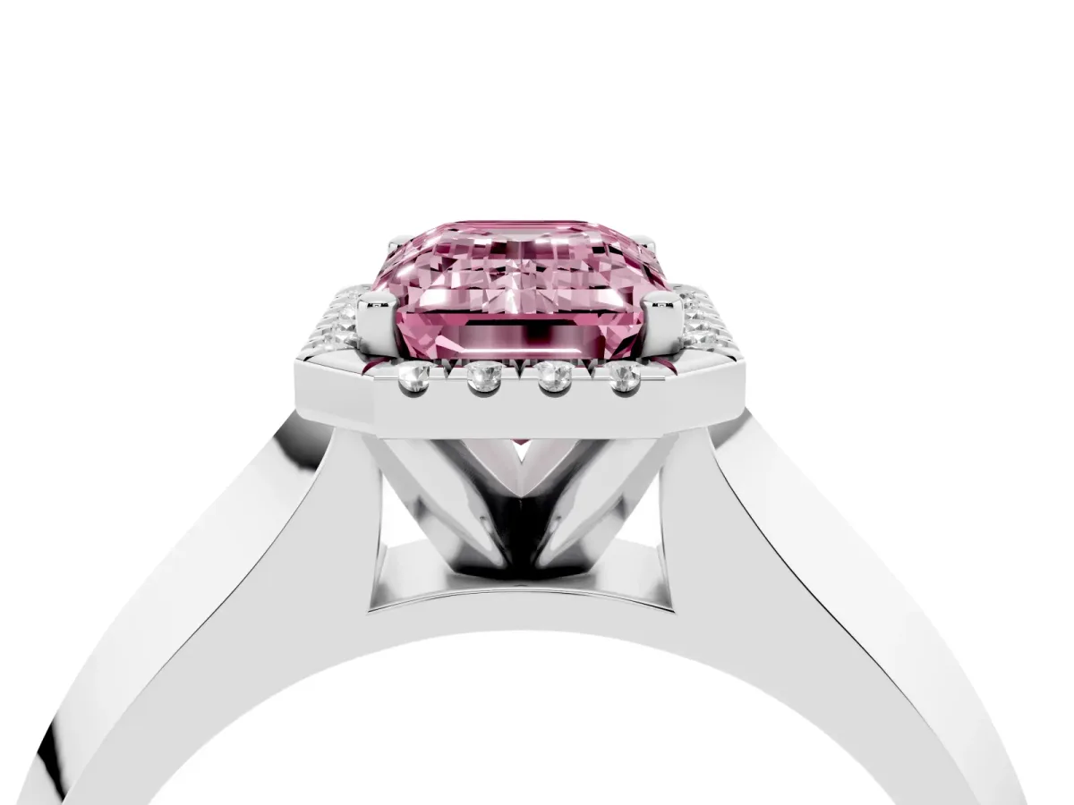 Fancy Pink Emerald Cut Halo Diamond Ring with Cathedral Band and Four-Prong Setting Silver