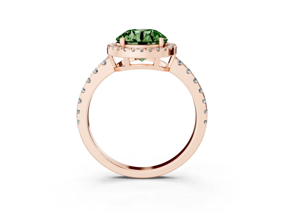 Fancy Green Round Cut Diamond Halo Ring with Pavé Band and Four-Prong Setting Rose gold