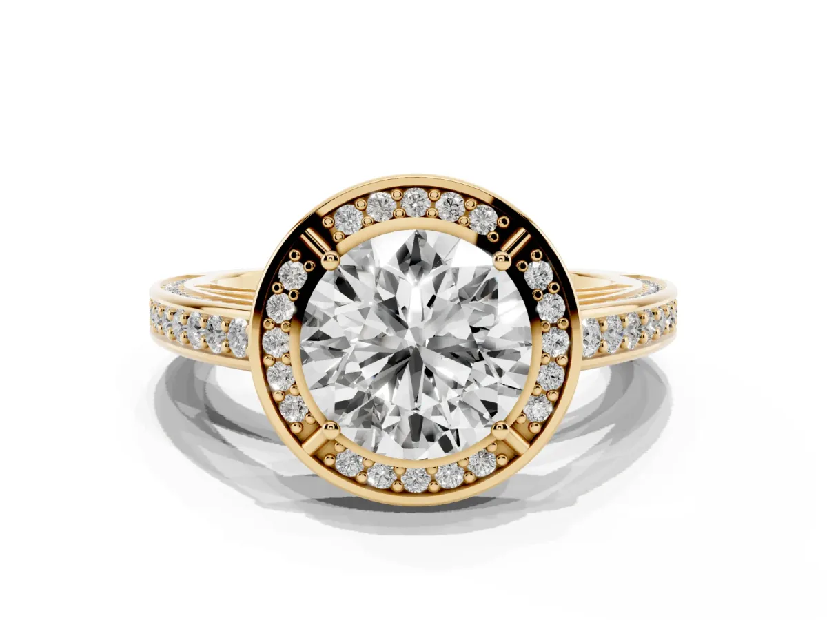 Round Cut Cut Halo Pave Split Shank Prong Setting Ring Yellow gold