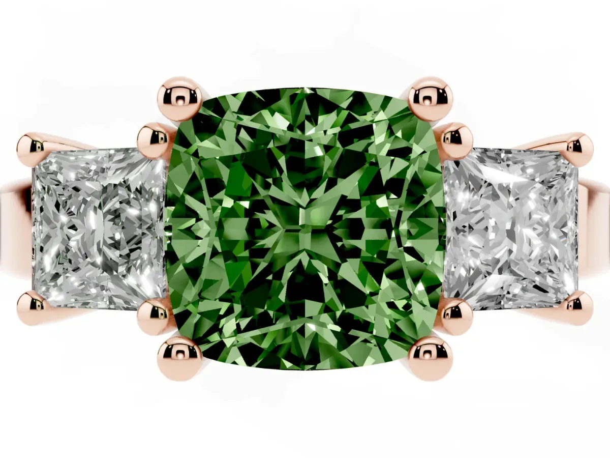 Fancy Green Three-Stone Cushion Cut Cut Solitaire Ring with Prong Setting Rose gold