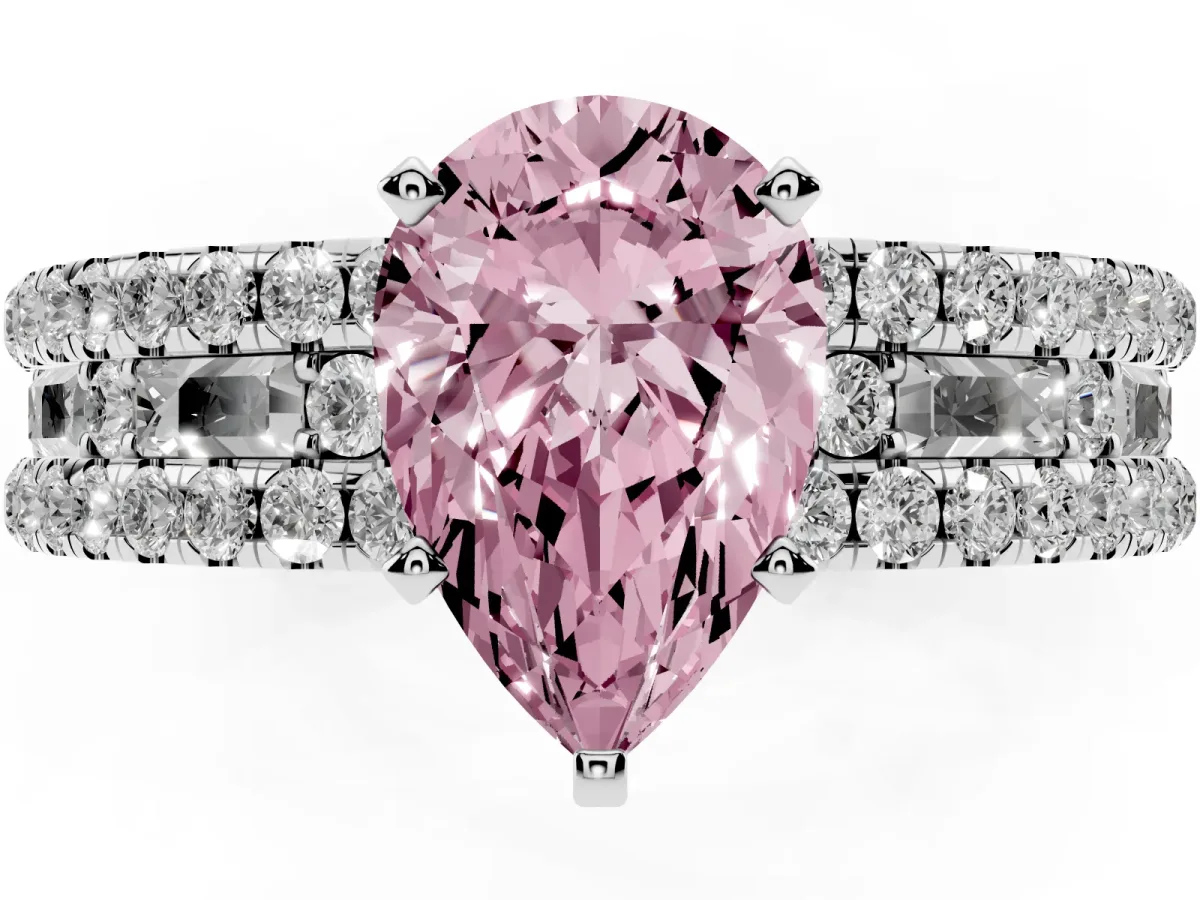 Fancy Pink Pear Cut Diamond Solitaire Ring with Pavé and Channel Set Band Silver