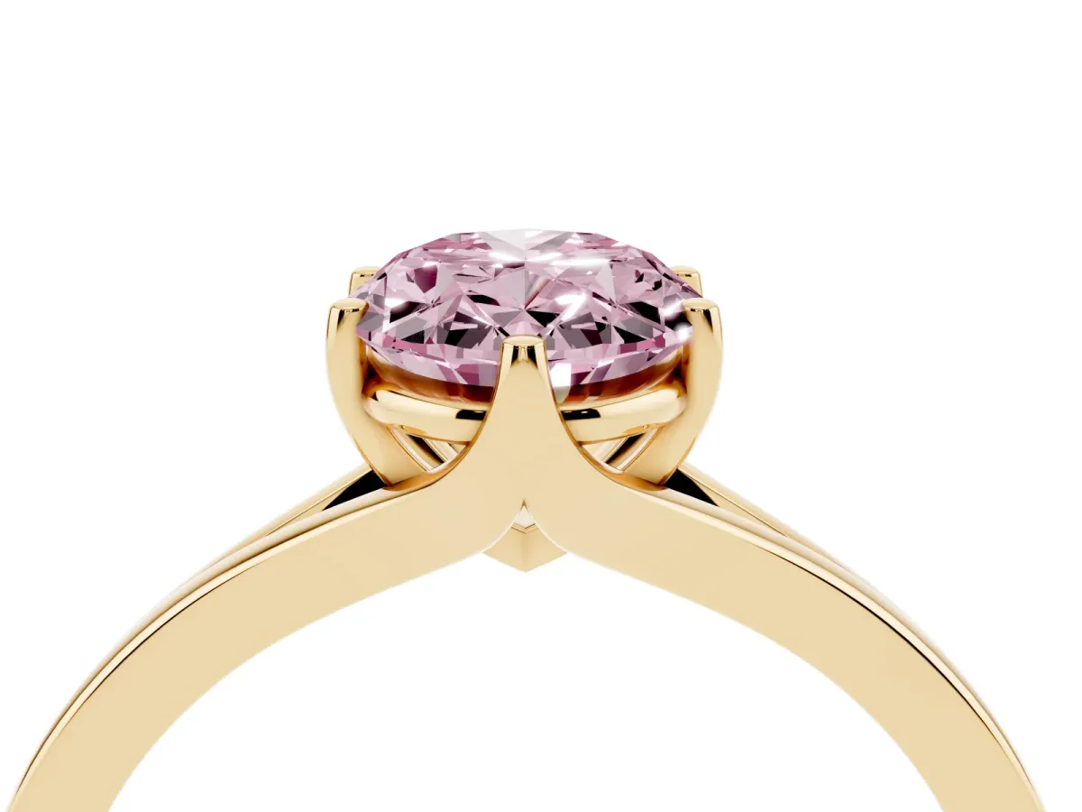 Fancy Pink Oval Cut Solitaire Diamond Ring with Six-Prong Setting and Tapered Band Yellow gold