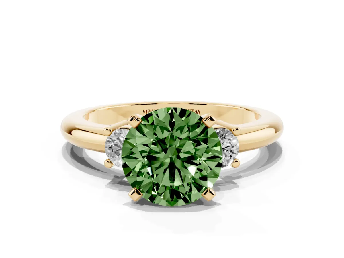 Fancy Green Three-Stone Round Cut Cut Diamond Solitaire with Prong Setting and Classic Band Yellow gold