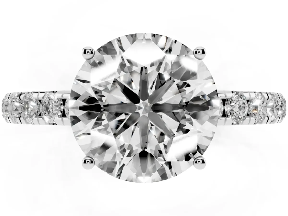 Round Cut Diamond Pavé Solitaire Engagement Ring with Four-Prong Setting Silver