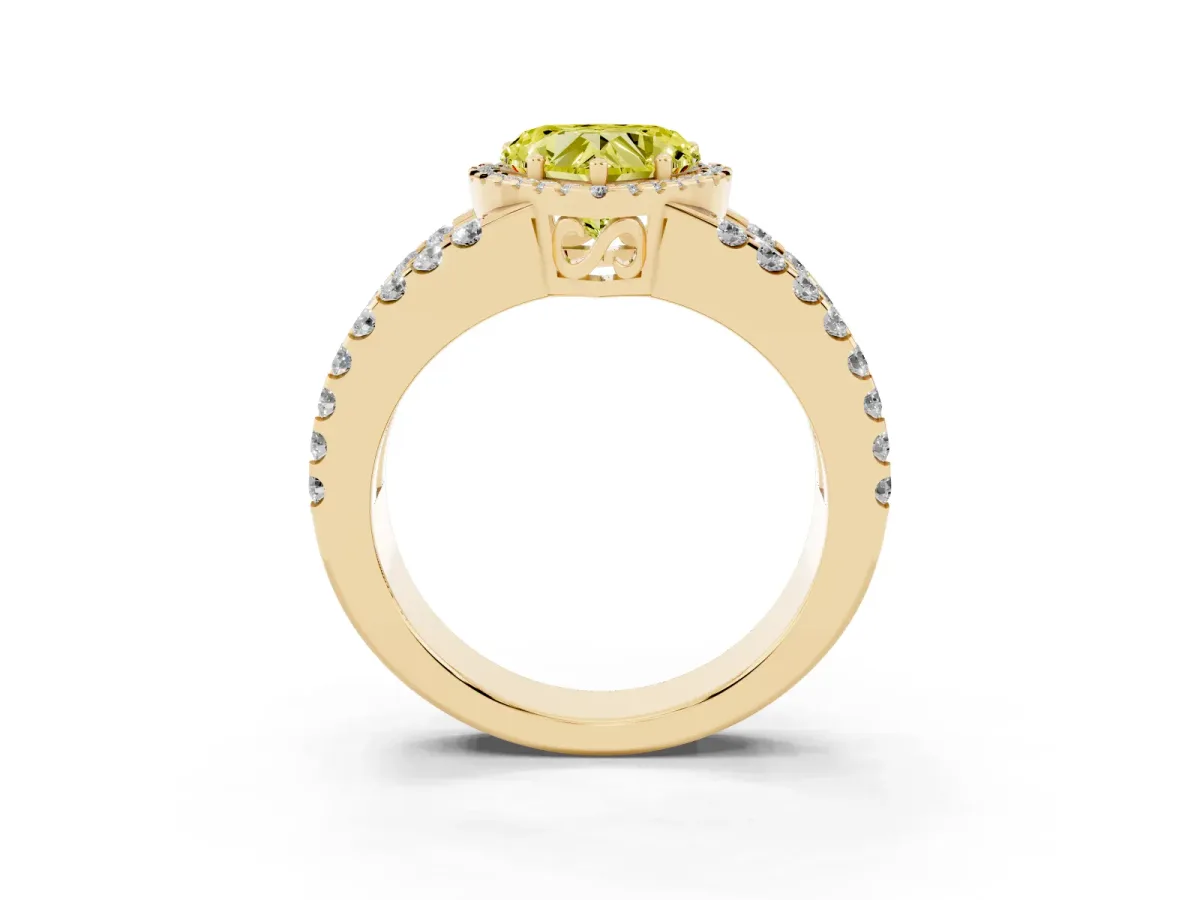 Fancy Yellow Heart Cut Cut Halo Split Shank Diamond Ring with Four-Prong Setting Yellow gold