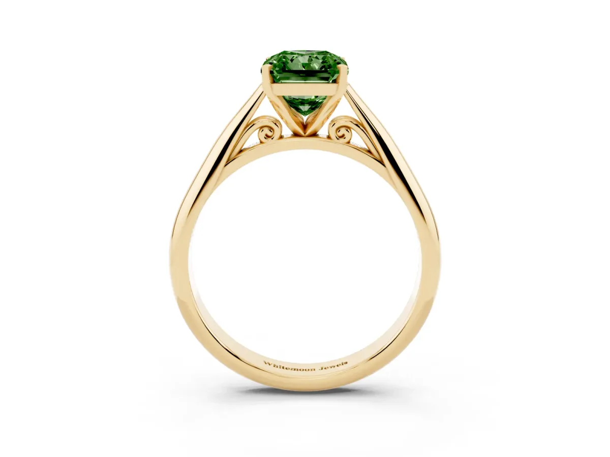 Fancy Green Radiant Cut Diamond Solitaire Engagement Ring with Cathedral Setting and Four-Prong Mount Yellow gold