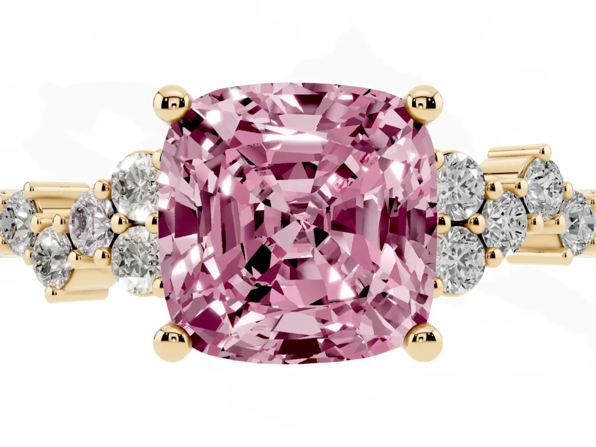 Fancy Pink Cushion Cut Diamond Scattered Round Accent Ring with Prong Setting Yellow gold