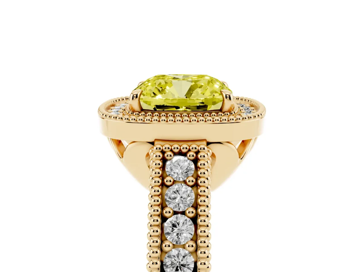 Fancy Yellow Cushion Cut Cut Halo Diamond Ring with Pavé Band and Four-Prong Setting Yellow gold