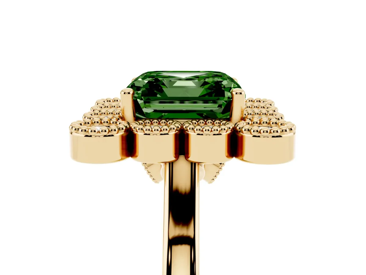 Fancy Green Asscher Cut Halo Diamond Cluster Engagement Ring with Milgrain Bezel Setting and Solitaire Band Yellow gold