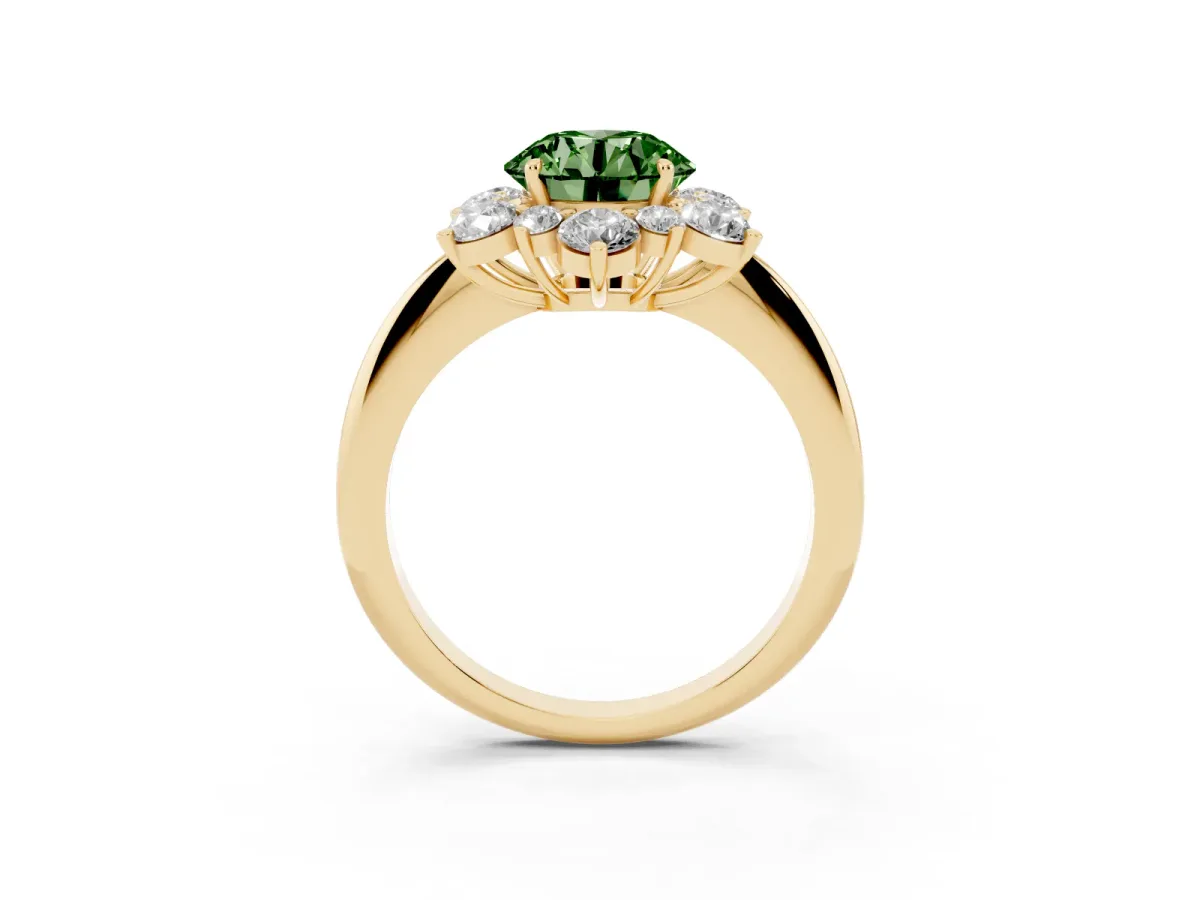 Fancy Green Round Cut Diamond Cluster Halo Ring with Solitaire Band and Four-Prong Setting Yellow gold