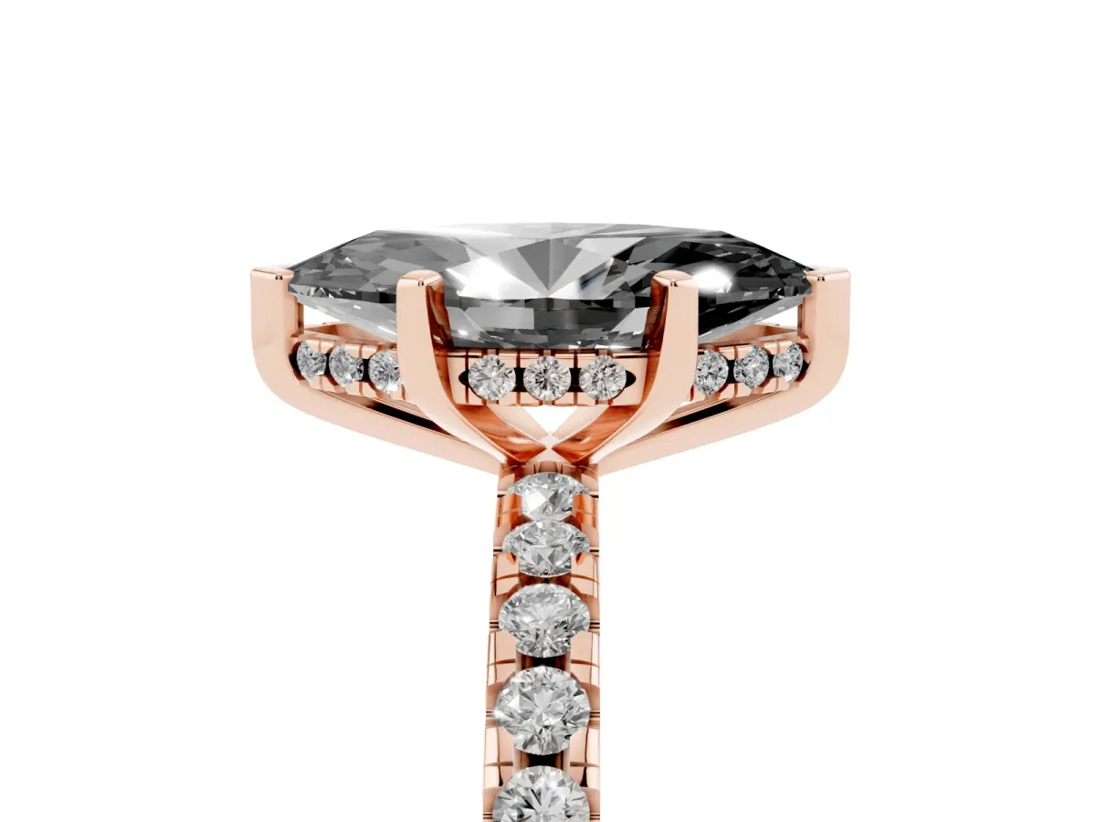 Fancy Black Marquise Cut Diamond Solitaire Ring with Round Pavé Band and Four-Prong Setting Rose gold