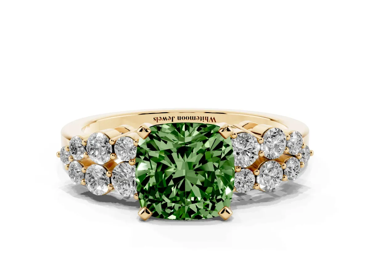 Fancy Green Cushion Cut Cluster Diamond Engagement Ring with Pavé Band and Four-Prong Setting Yellow gold