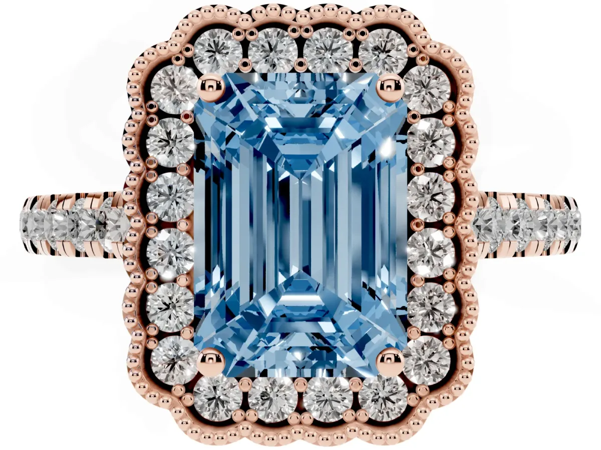 Fancy Blue Emerald Cut Cut Diamond Milgrain Floral Halo Engagement Ring with Pavé Band Rose gold