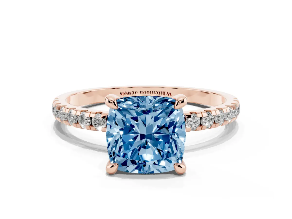 Fancy Blue Cushion Cut Diamond Brilliant Solitaire Ring with Pavé Band and Four-Prong Setting Rose gold