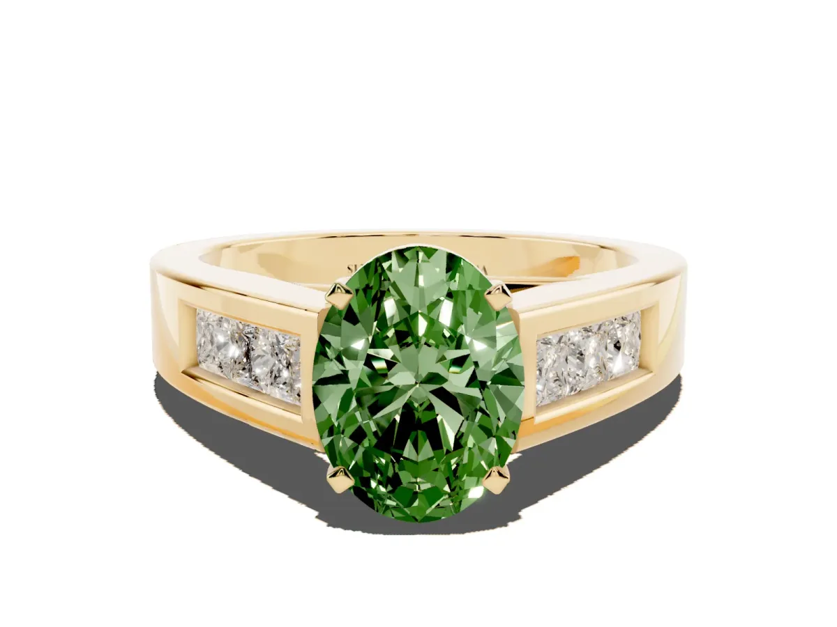 Fancy Green Oval Cut Cut Channel Set Solitaire Ring with Four-Prong Setting Yellow gold