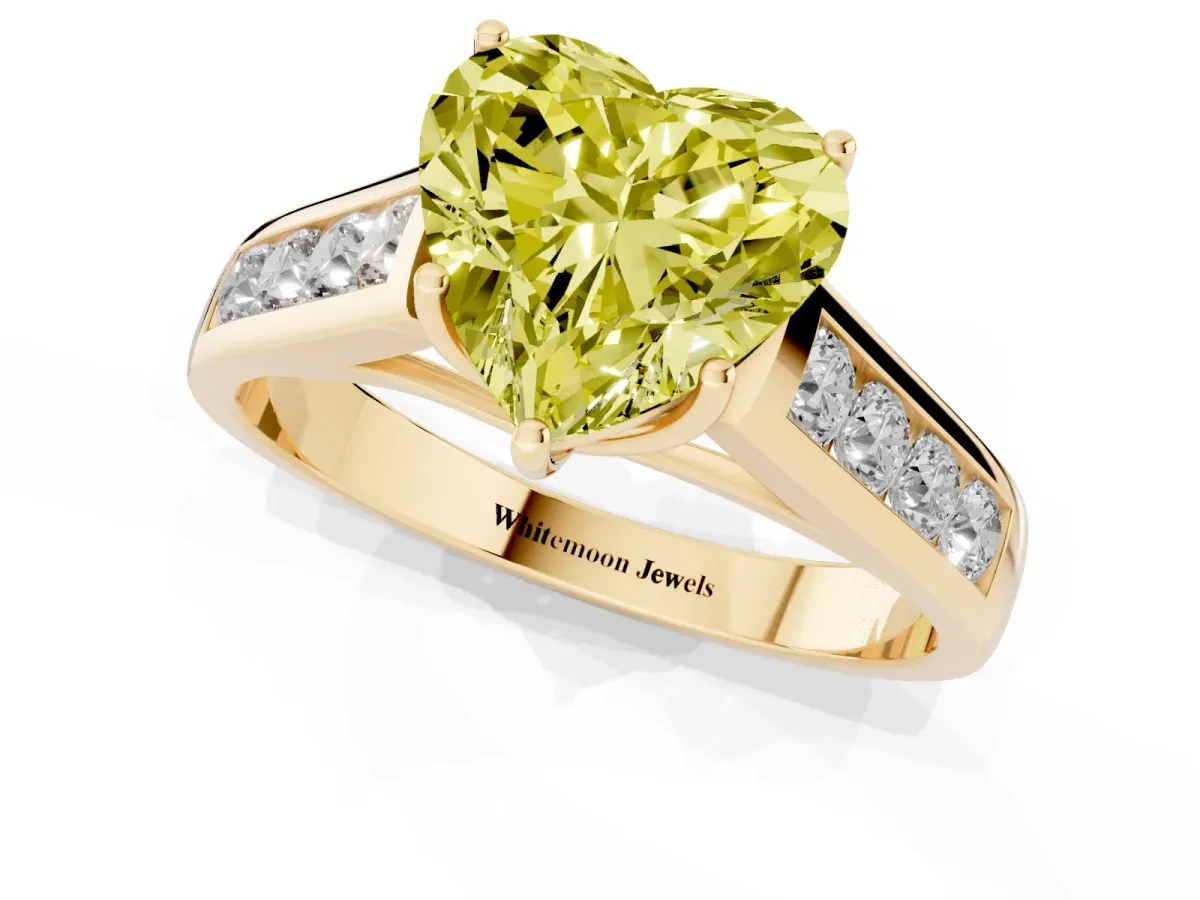 Fancy Yellow Heart Cut Brilliant Channel-Set Solitaire Ring with Four-Prong Setting Yellow gold