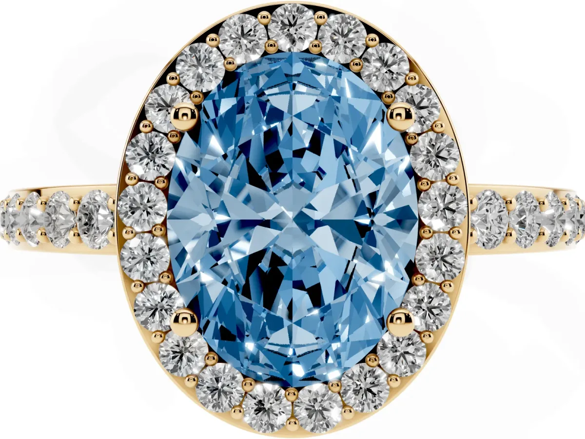 Fancy Blue Oval Cut Halo Diamond Pavé Band Ring with Prong Setting Yellow gold