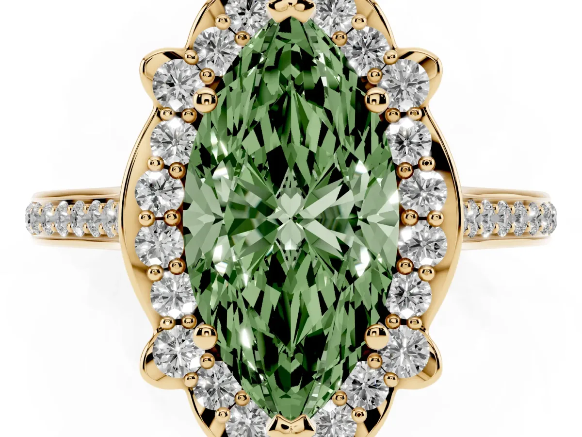 Fancy Green Marquise Cut Halo Round Diamond Pave Band with Four-Prong Setting Yellow gold