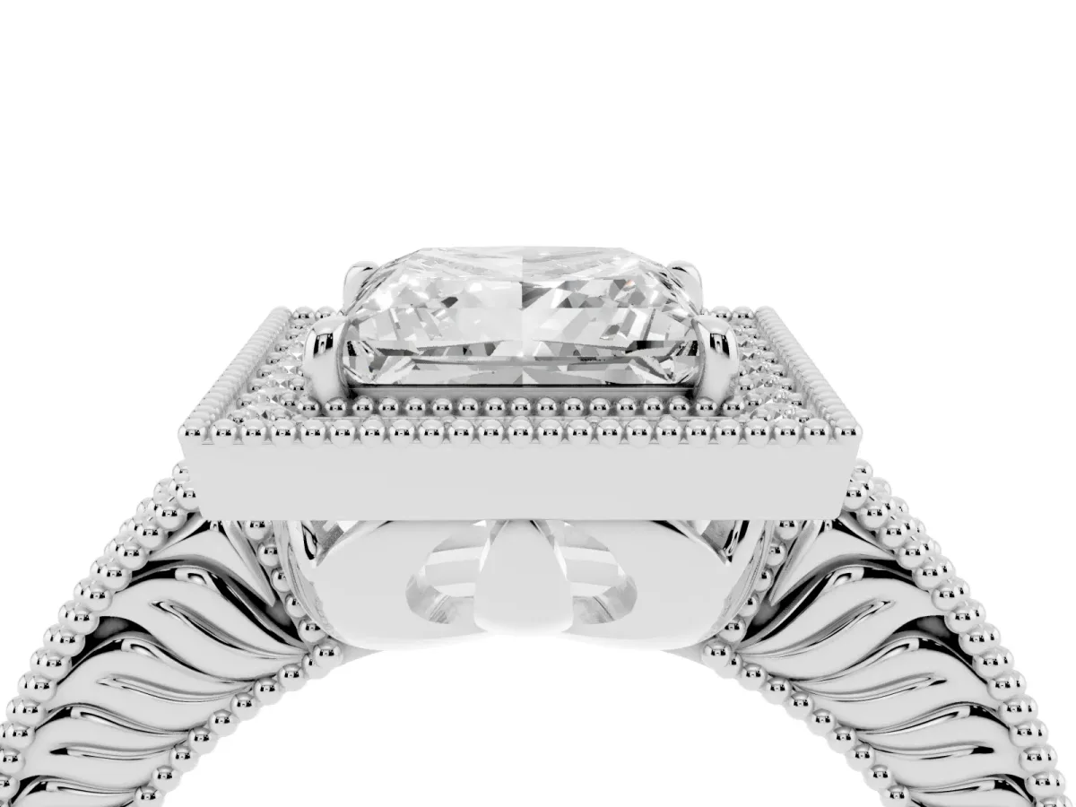 Princess Cut Cut Halo Diamond Ring with Pavé Band and Four-Prong Setting White gold