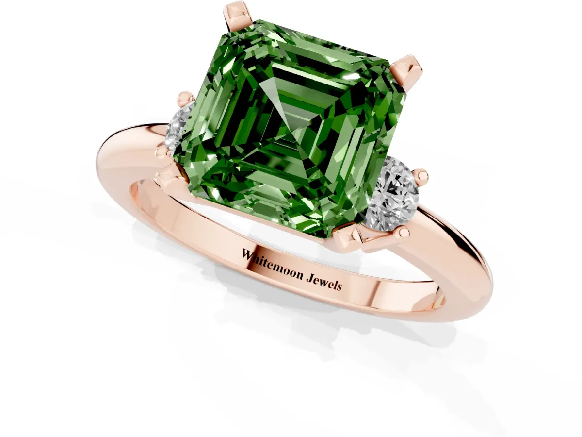 Fancy Green Three-Stone Asscher Cut Cut Diamond Solitaire with Prong Setting and Classic Band Rose gold