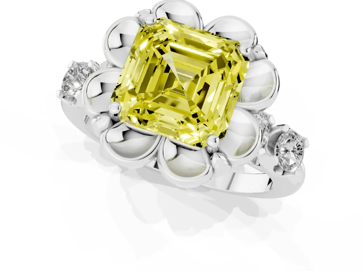 Fancy Yellow Asscher Cut Cut Diamond Floral Halo Engagement Ring with Shared Prong Setting Silver