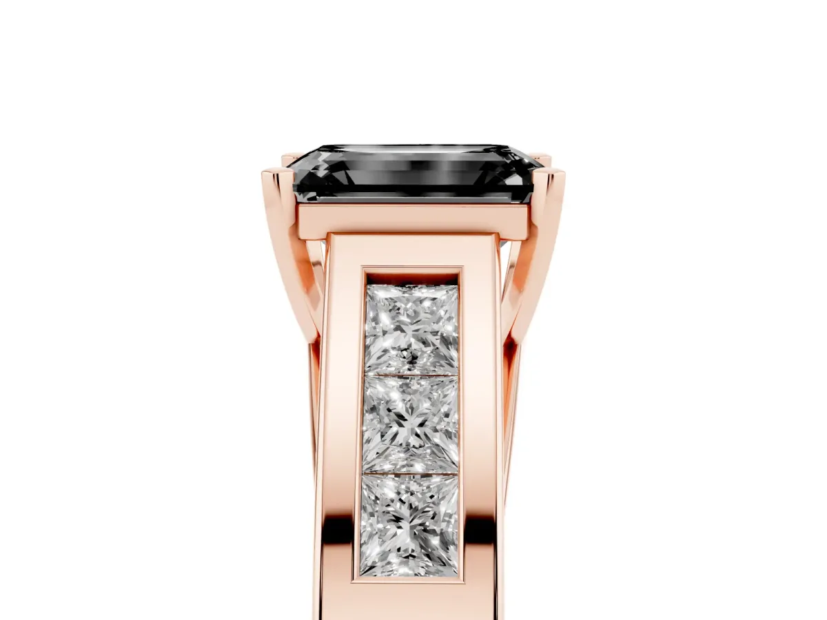 Fancy Black Emerald Cut Cut Channel Set Solitaire Ring with Four-Prong Setting Rose gold
